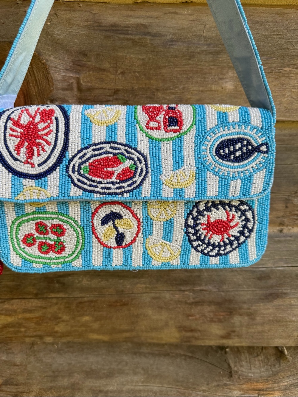 Beaded Coastal Motif Shoulder Bag in Light Blue and White